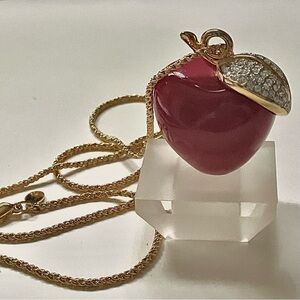 Kenneth Jay Lane LARGE Red Apple Necklace Long Fancy Chain Signed